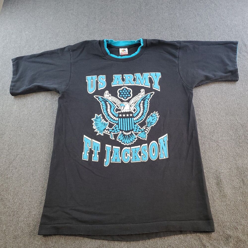 Vintage US Army Ft. Jackson T Shirt Black Single Stitch Men Size Medium Made USA